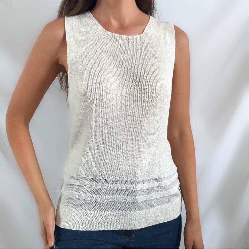 Vintage cream knit sleeveless blouse mesh bottom burnout minimalist NWT M top